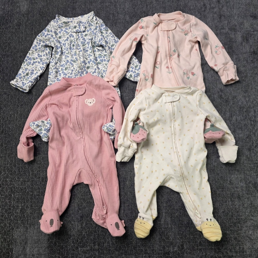 Newborn Baby Girl Lot Of 4 Sleepers Pajamas Carter's 2 Way Zip Cotton Cute
